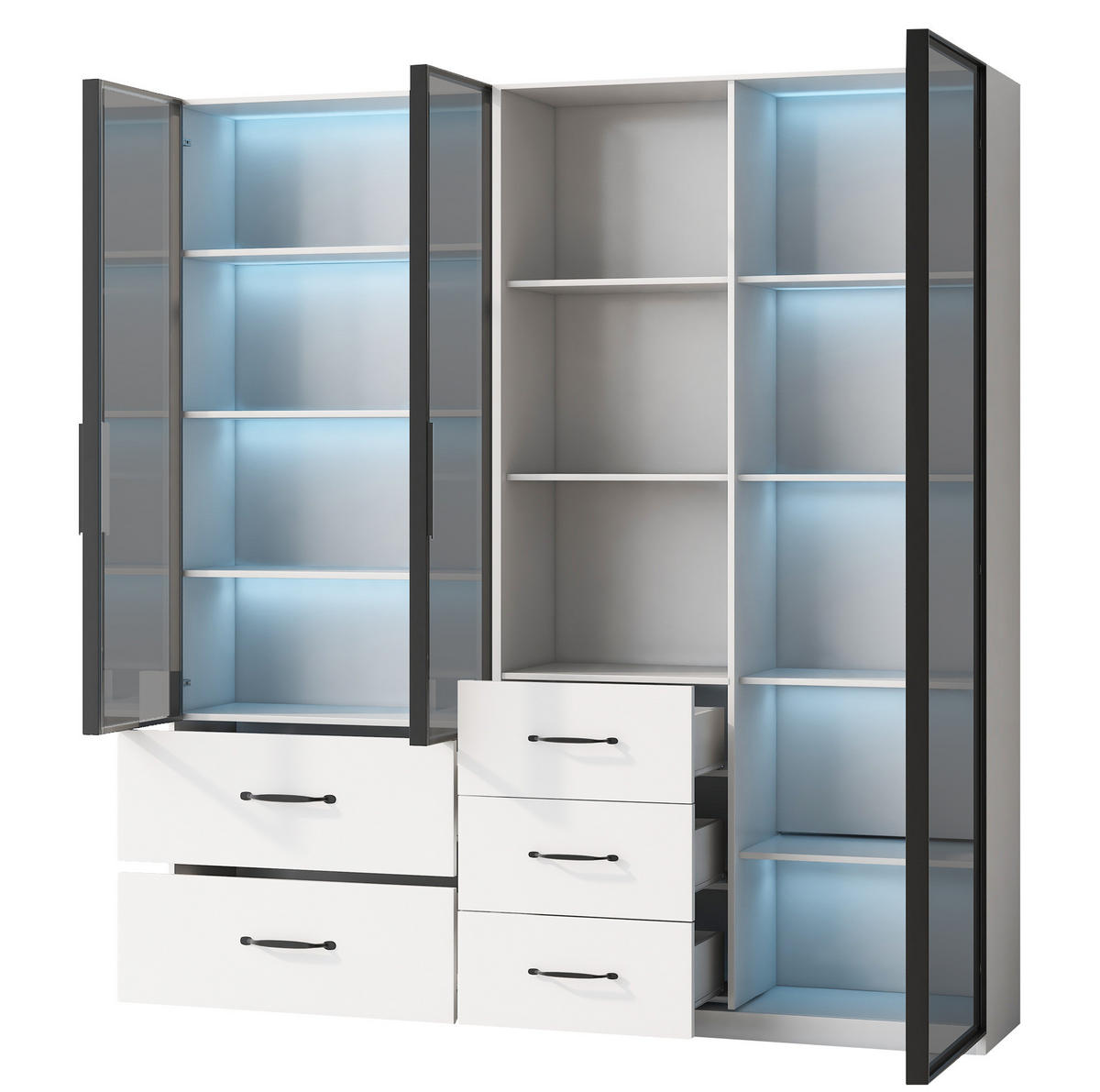 VITRINE 140/40/160 cm aus Spanplatte mit modularer Aufteilung und mehrfarbiger Beleuchtung Weiß - Weiß, Holzwerkstoff (140/160/40cm) - Modenvie