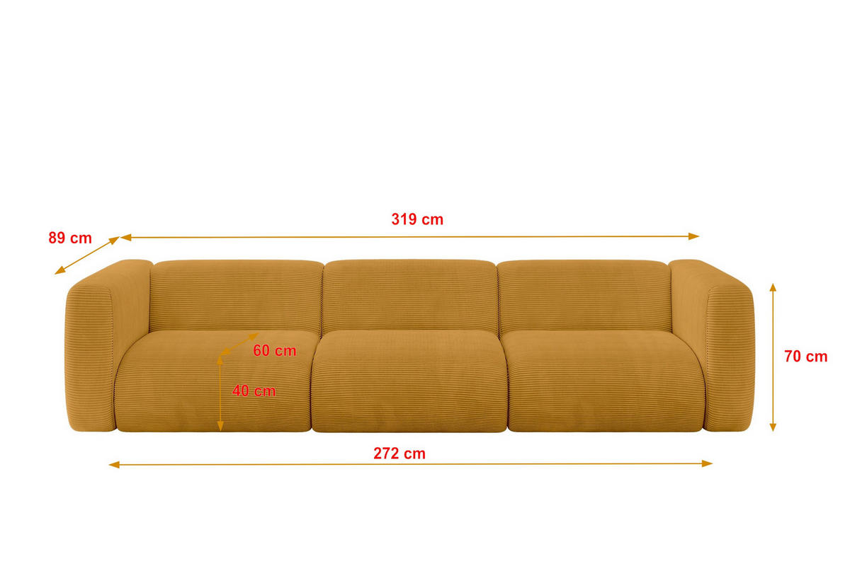 MODULARES Sofa 3-SITZER MIRA-S2 319x89x70 Senfgelb cm Cord - Currygelb/Schwarz, Holzwerkstoff/Kunststoff (319/70/89cm) - ALTDECOR