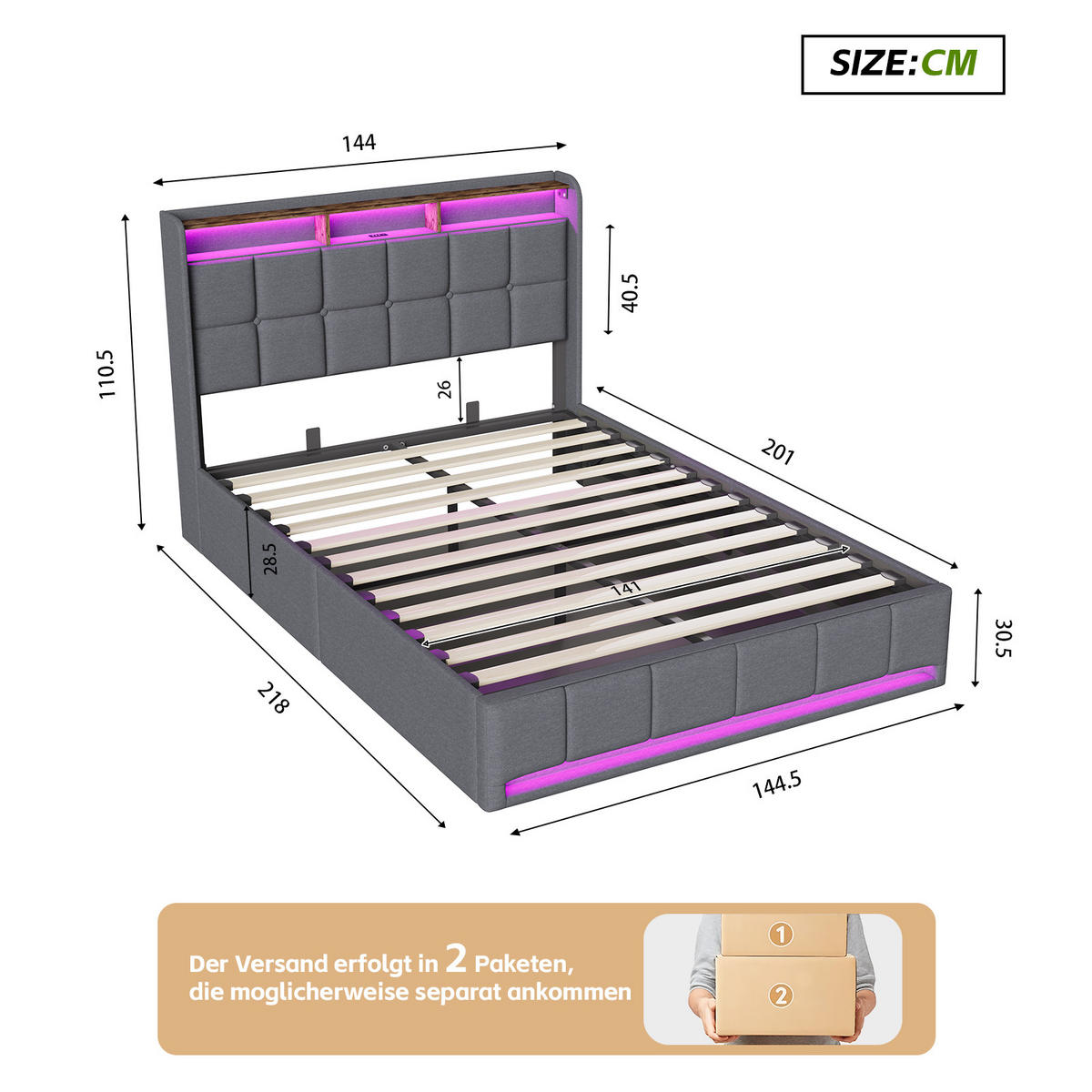POLSTERBETT 140x200cm Grau Leinen LED USB-C Stauraum - Grau, Metall - SHOPENTRA