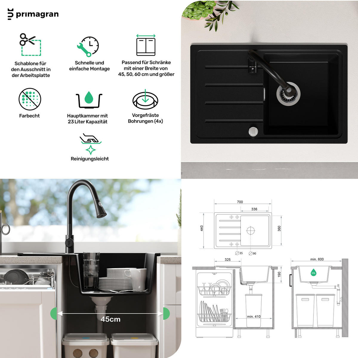 GRANITSPÜLE Kopenhagen Easy, 2-er set Weiß 70/44 cm 1 Becken + Küchenarmatur 32/20 cm + Ablauf-Set ab 45er Unterschrank - Chromfarben/Weiß, Kunststoff (70/20/44cm) - Primagran