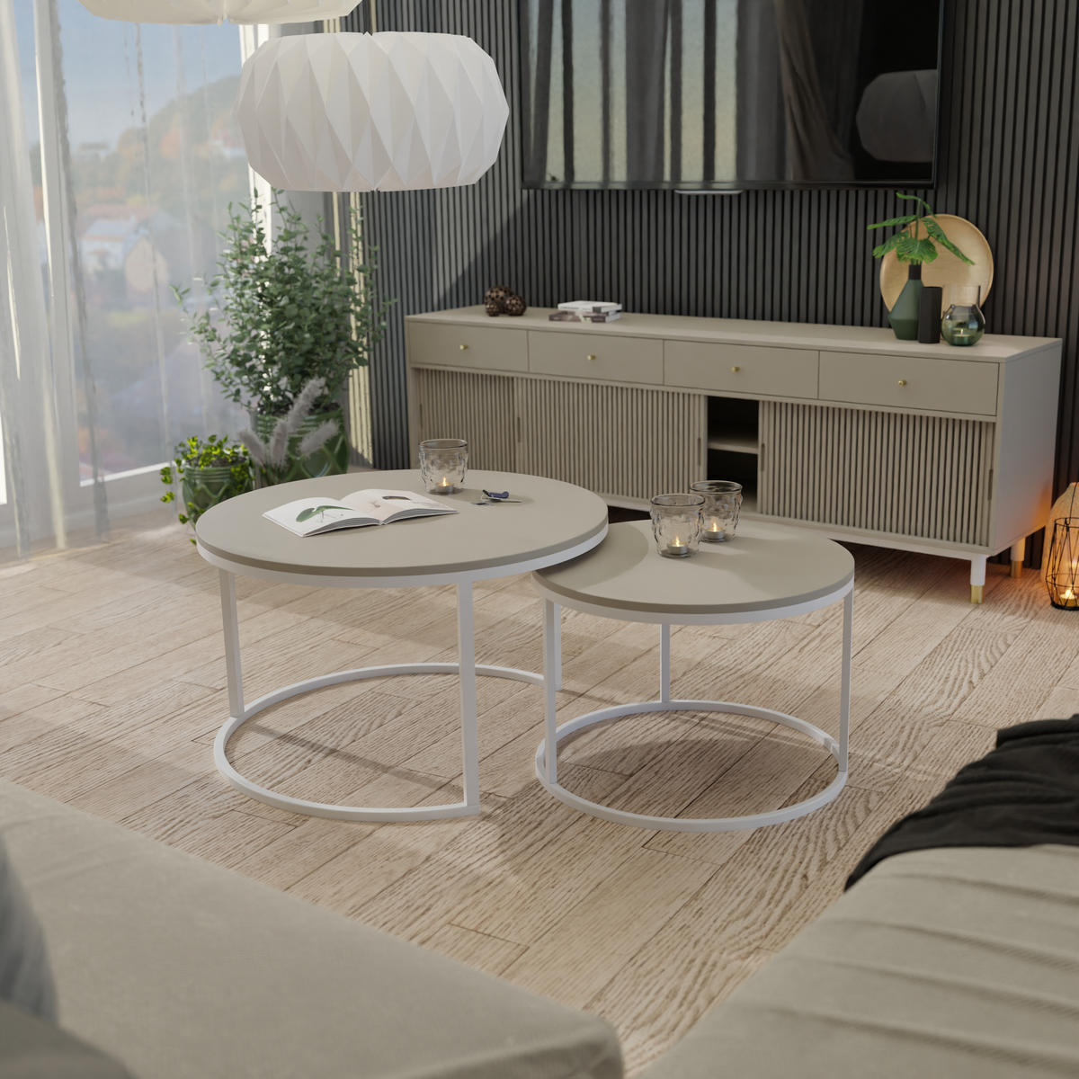 COUCHTISCH rund Klein, Kaschmir, Rahmen Weiß - Beige, Holzwerkstoff (70/70/48cm) - Idohome