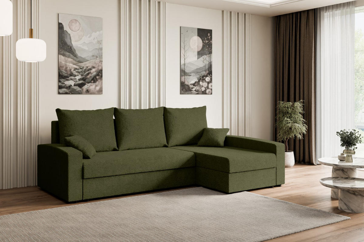 ECKSOFA mit Schlaffunktion und Bettkasten ALESIA-L 231x140x90 cm Grün Bouclé - Silberfarben/Grün, Holzwerkstoff/Kunststoff (231/140cm) - ALTDECOR