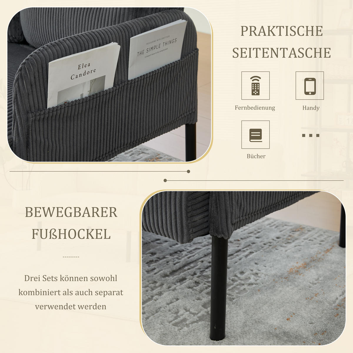 3-SITZER Sofa mit Seitentaschen, Metallgestell & Leinenstoff, 171cm, Grau - Schwarz/Grau, Textil/Metall (171/80/72cm) - LVHOM