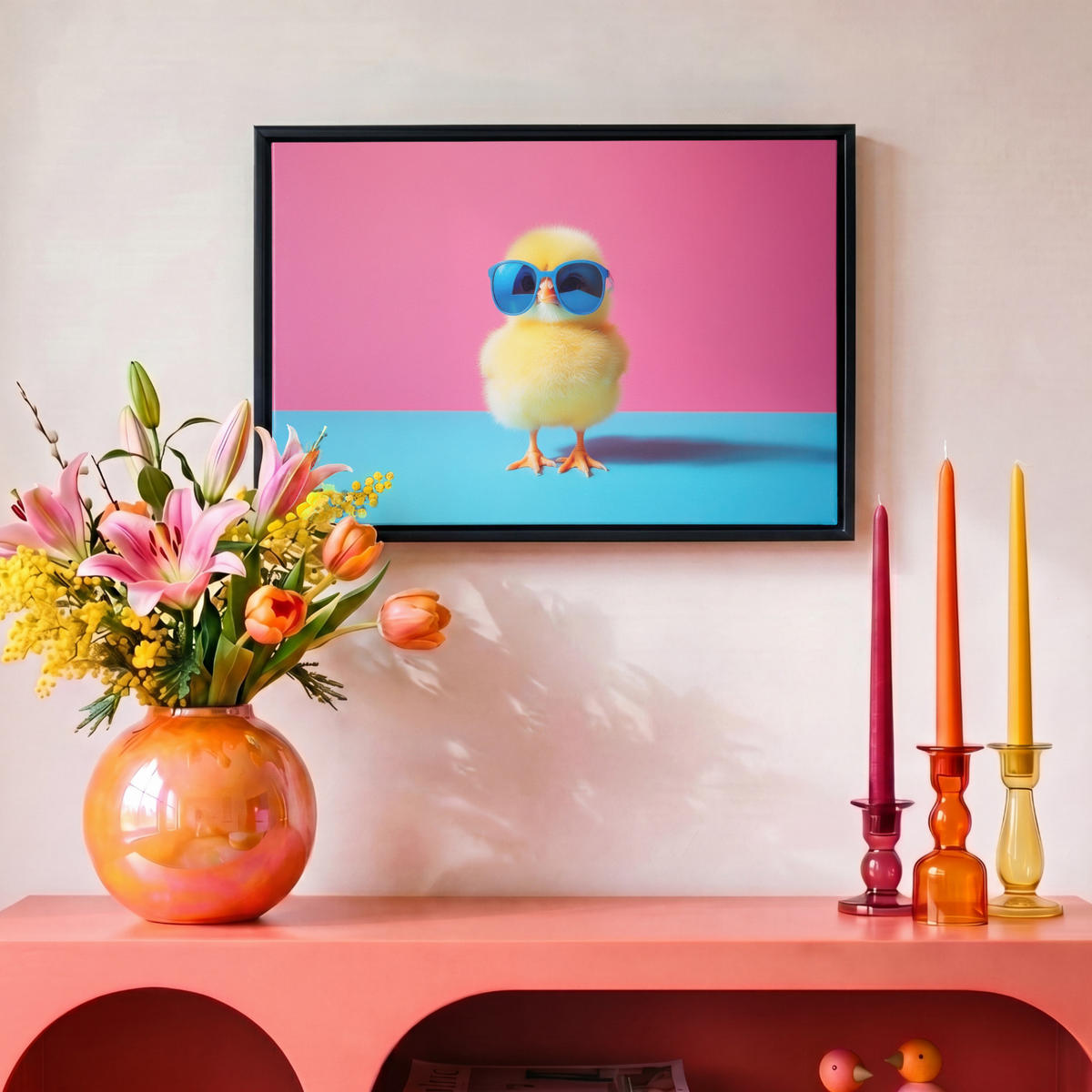 LEINWAND Bilder mit Rahmen - Chick - Sonnenbrille - Blau - 30x20 - Pink, Textil (30/20cm) - MuchoWow