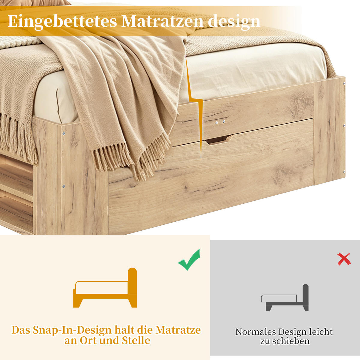 KINDERBETT 140/200 cm mit USB und Stauraum, DE-41825, in Naturfarbe - Naturfarben, Holzwerkstoff (140/200cm) - ComfortXL