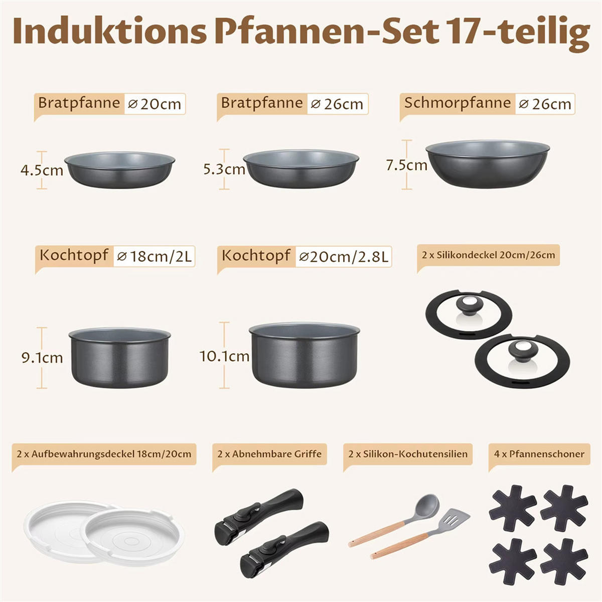 KOCHTOPFSET 17-teilig Keramik Abnehmbarer Griff Induktion - Schwarz, Metall - Bextcok