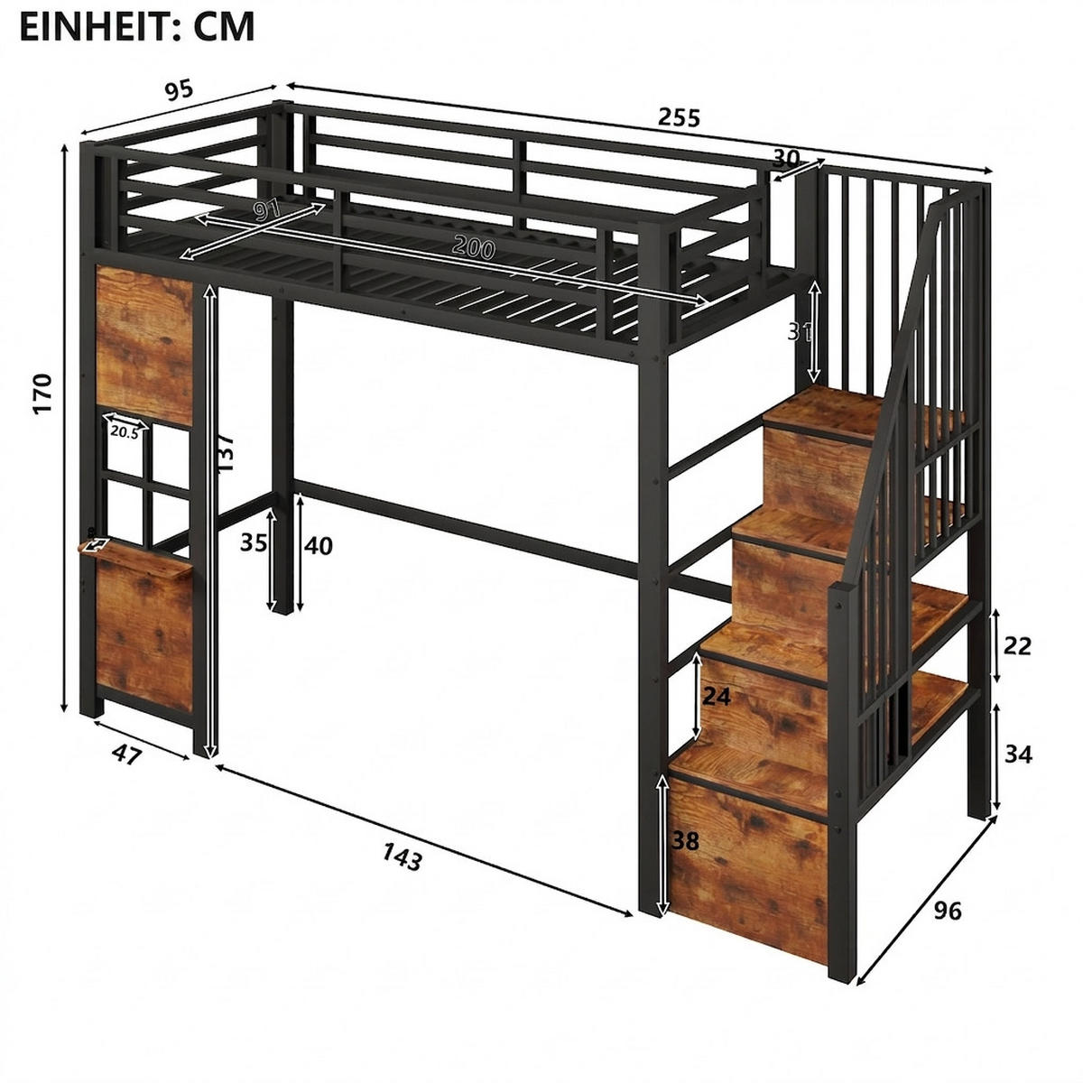 HOCHBETT 90/200 cm Schwarz mit Stauraumtreppe und offener Stauraum - Schwarz, Metall (90/200cm) - Oxeza