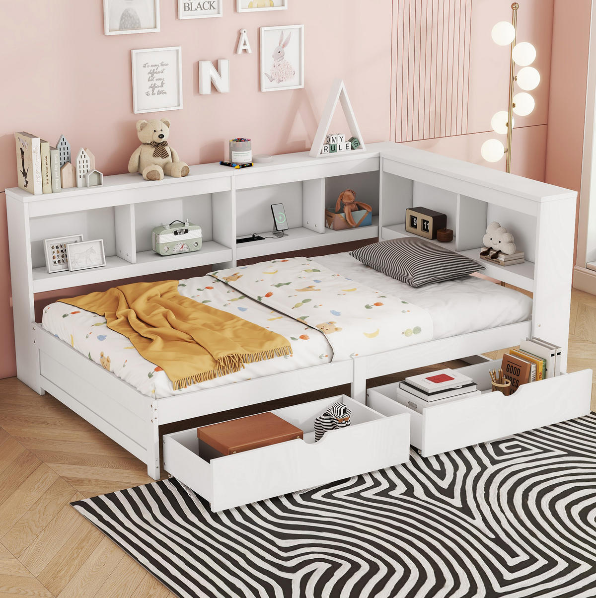 TAGESBETT 90/200 cm Weiß mit 2 Schubladen und USB-Anschlüssen - Weiß, Holzwerkstoff (90/200cm) - OKWISH