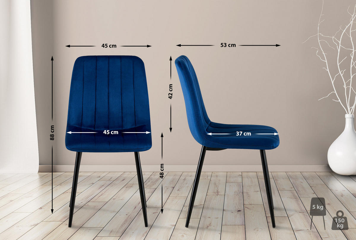 STUHL Samt Blau - Blau/Schwarz, Textil/Metall (45/88/53cm) - CLP