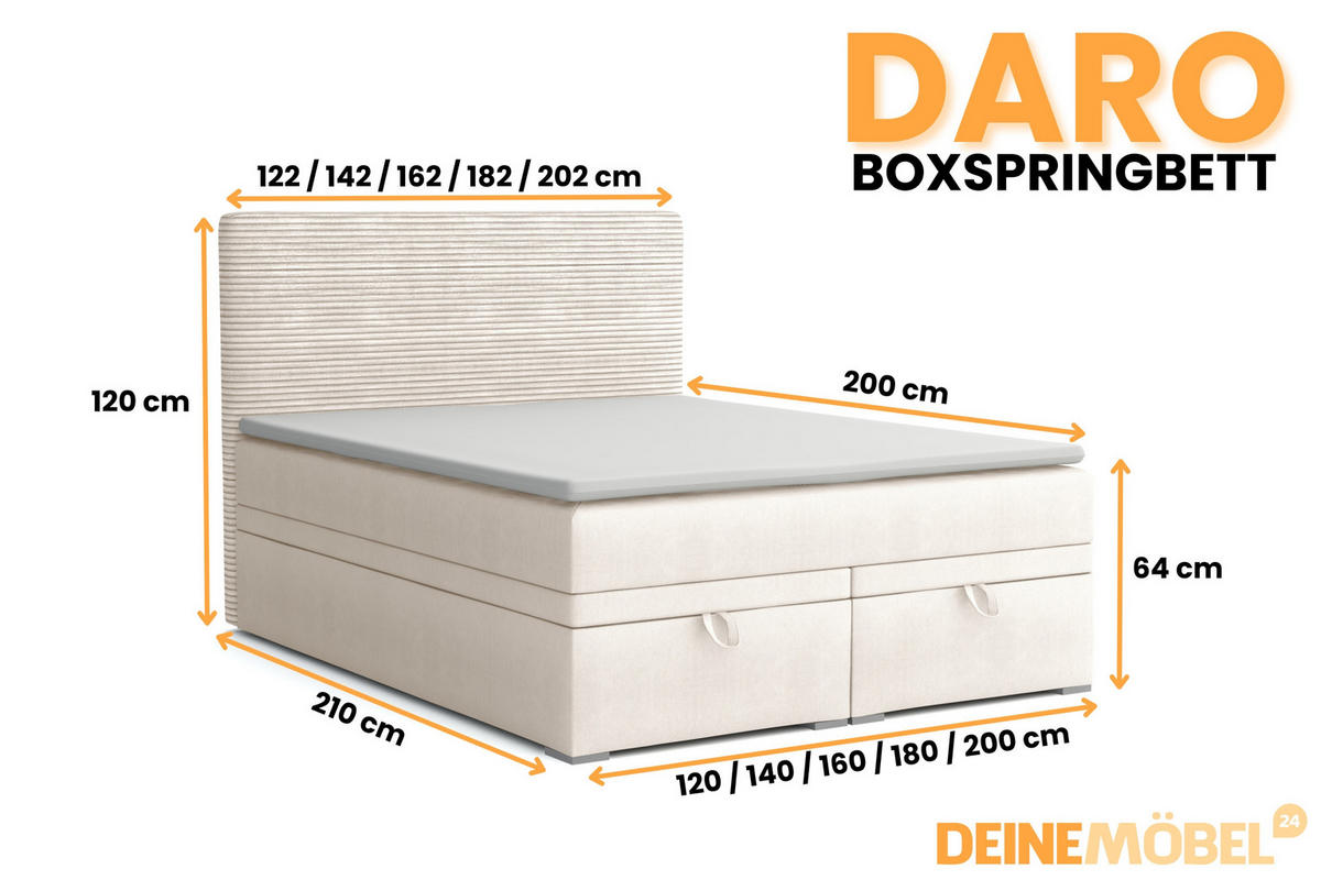 BOXBETT DARO 120/200 in Velour/Cord Creme - Creme, Holz/Holzwerkstoff (120/200cm) - Deine Möbel 24