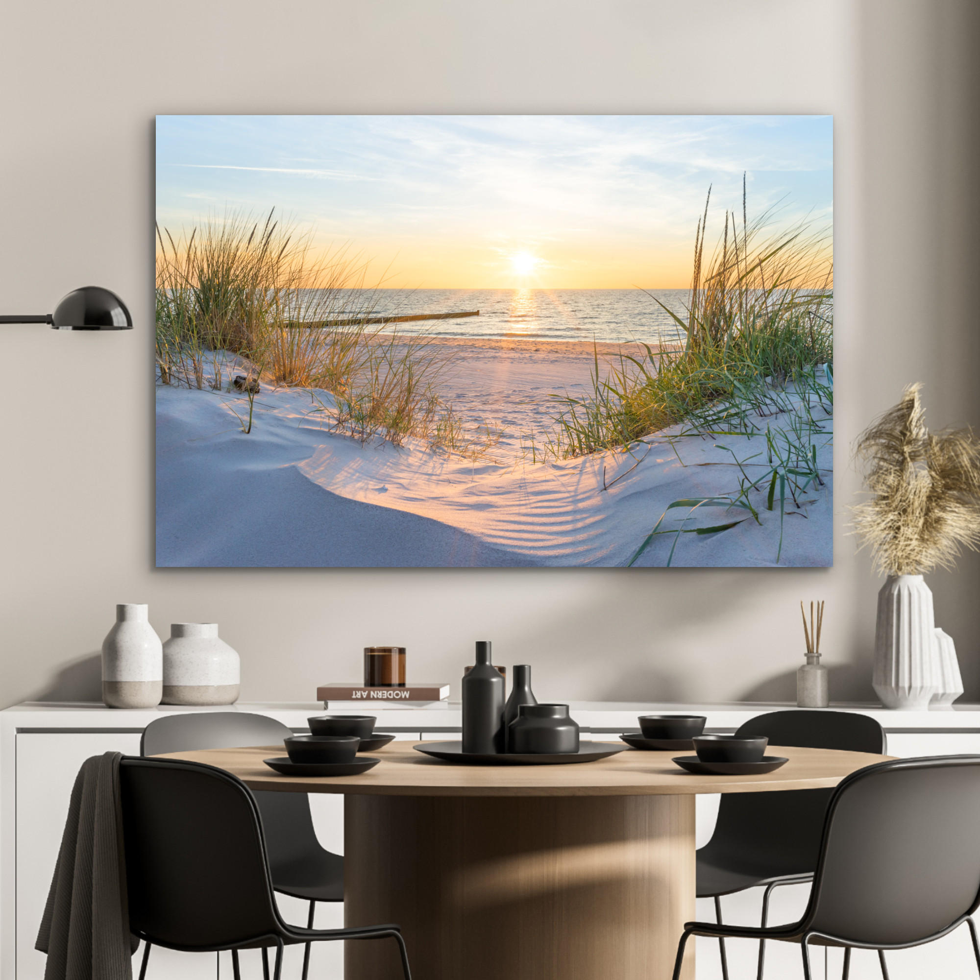METALLBILD Strand - Sonne - Düne - Gras - Sand - Horizont 90x60 cm - Hellblau, Metall (90/60cm) - MuchoWow