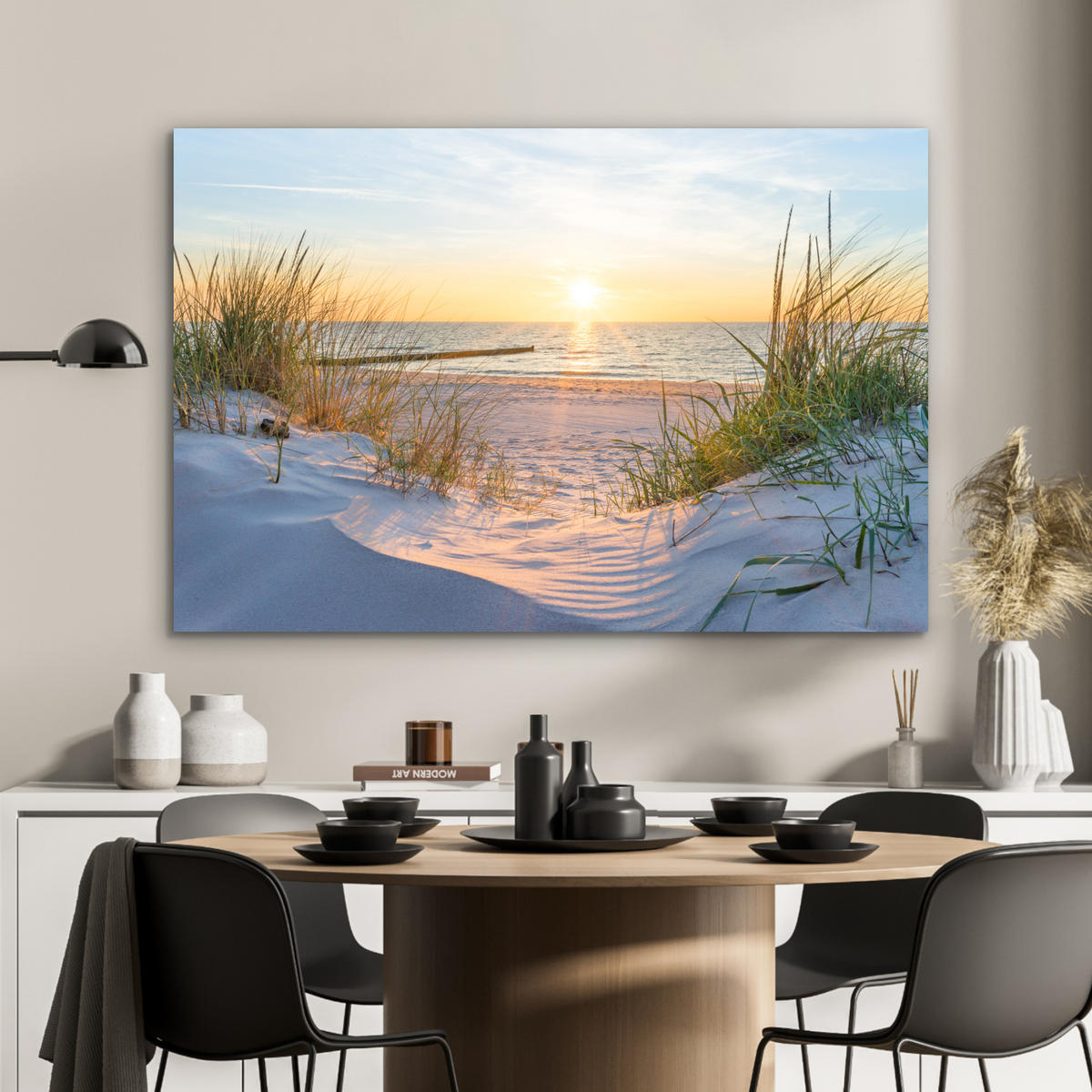 METALLBILD Strand - Sonne - Düne - Gras - Sand - Horizont 120x80 cm - Hellblau, Metall (120/80cm) - MuchoWow