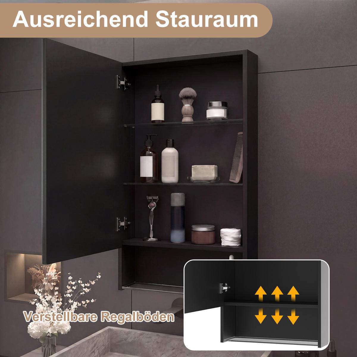 SPIEGELSCHRANK Schwarz 50x88cm mit 3 Lichtfarben & Antibeschlag - Schwarz, Glas (50/88/16cm) - SHOPENTRA