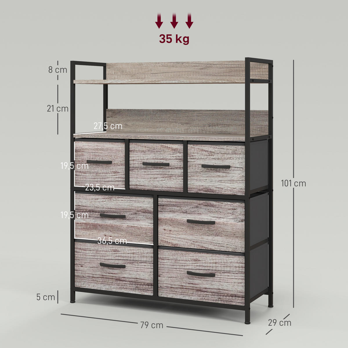 KOMMODE DE-12454 7 Schubladen 79/29/101 cm Grau - Grau, Holzwerkstoff (79/101/29cm) - ComfortXL