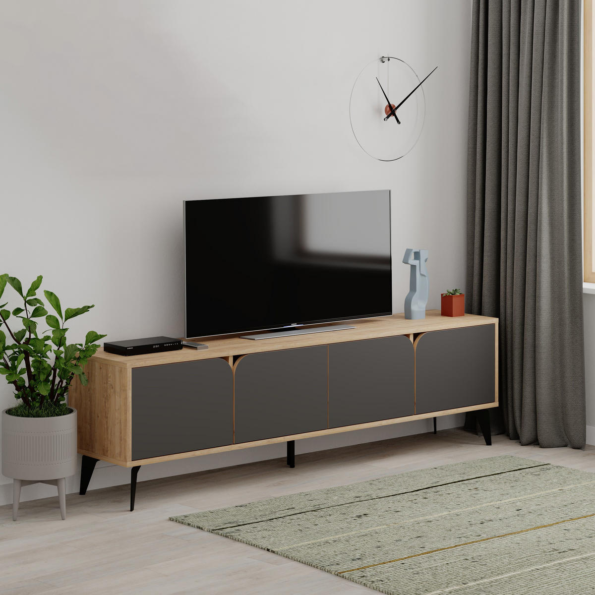 TV-MÖBEL 4 Türen mit Metallfüßen B180 cm - FLORA - Eschefarben, Holzwerkstoff (35.5/51/15.5cm) - Calicosy