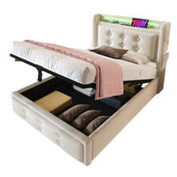 POLSTERBETT 90/200 cm mit LED-Beleuchtung, Steckdose, USB-C und Bettkasten,und Matratze, Beige - Beige, Textil (90/200cm) - Redom
