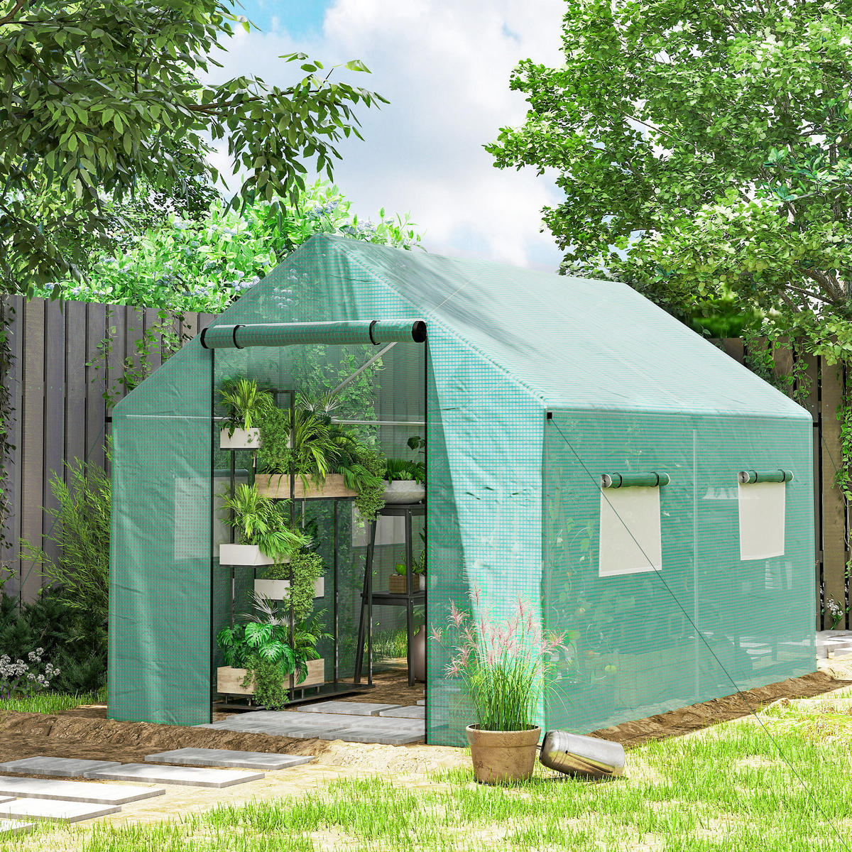 FOLIENGEWÄCHSHAUS, 2 x 3 x 2 m Gewächshaus, Treibhaus mit Rollfenster, Rolltür - Grün, Metall (300/200/200cm) - Outsunny