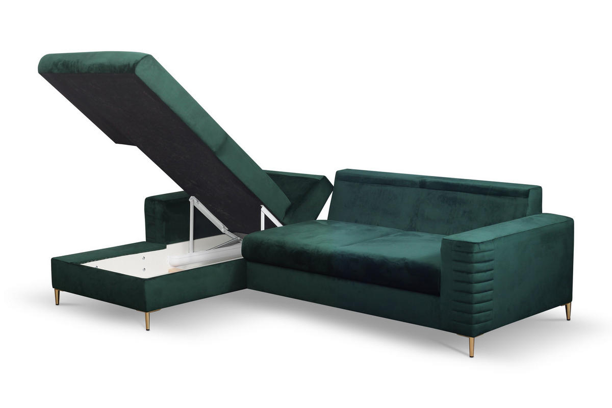 ECKSOFA GRIFO L-S Grün Velours-Stoff mit Schlaffunktion - Grün, Holz (253/165cm) - MASSENO