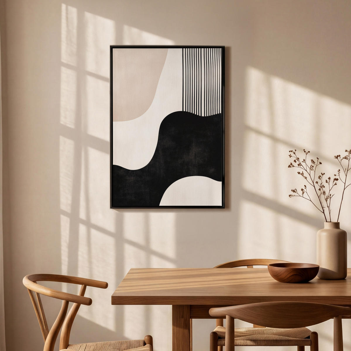 LEINWAND Bilder mit Rahmen - Abstrakt - Japandi - Beige - Modern - 60x90 - Schwarz, Textil (60/90cm) - MuchoWow