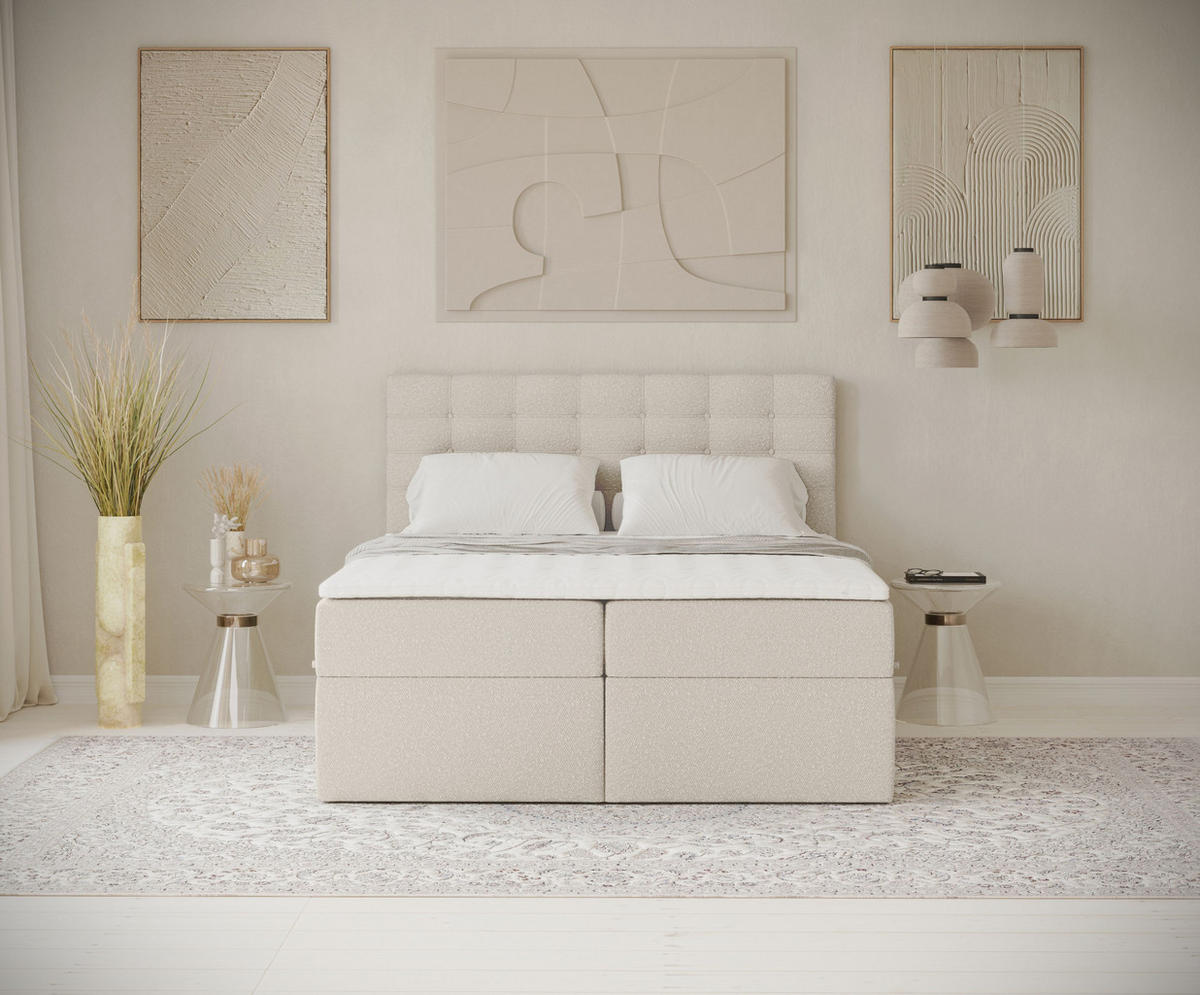 BOXBETT Sansa Beige 120/200 cm mit Taschenmatratze und Topper - Beige/Schwarz, Holz/Holzwerkstoff (120/200cm) - Maison de Reve