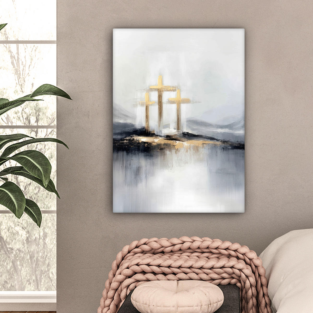 LEINWANDBILD Abstrakt - Malerei - Christentum - Kreuz Wandbild Wohnzimmer 60x80 cm - Weiß, Textil (60/80cm) - MuchoWow