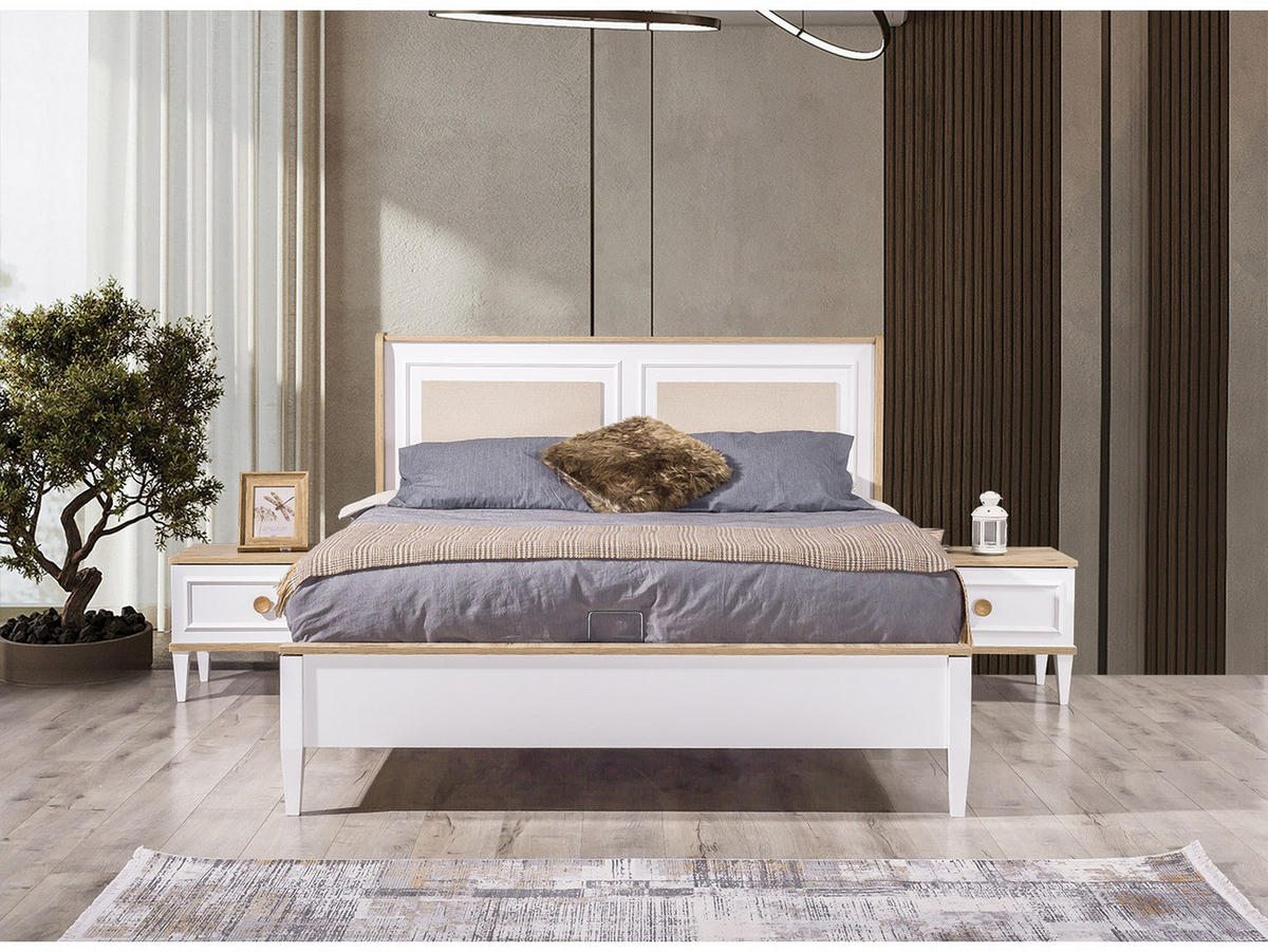SCHLAFZIMMER AFRIN Schlafzimmer-Set, 4-teilig, Weiß, Bett mit Kopfteil 2 Nachttischen und Kommode - Weiß, Holzwerkstoff (160/119/200cm)