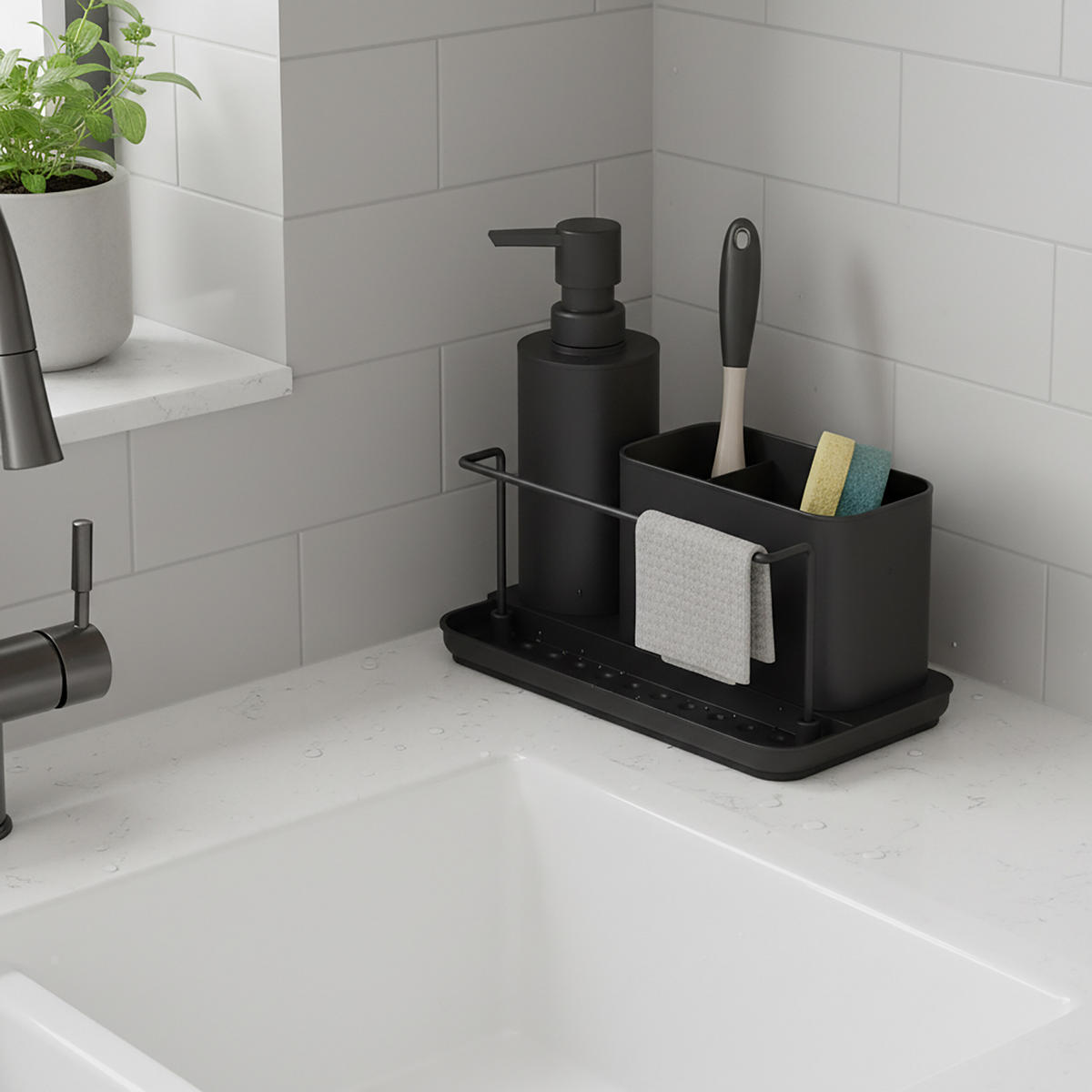 SPÜLBECKEN-ORGANIZER Set - Schwarz, Kunststoff/Metall (21/19/12cm) - Relaxdays