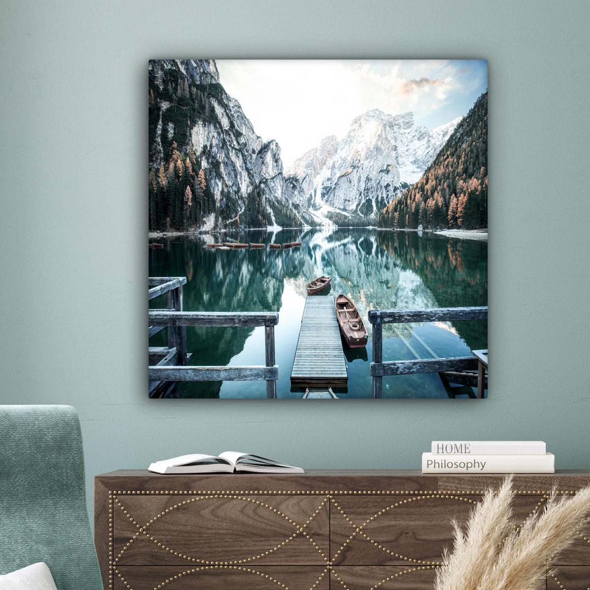 LEINWANDBILD Natur - Berge - Schnee - Wald - Boot 90x90 cm - Hellgrün, Textil (90/90cm) - MuchoWow