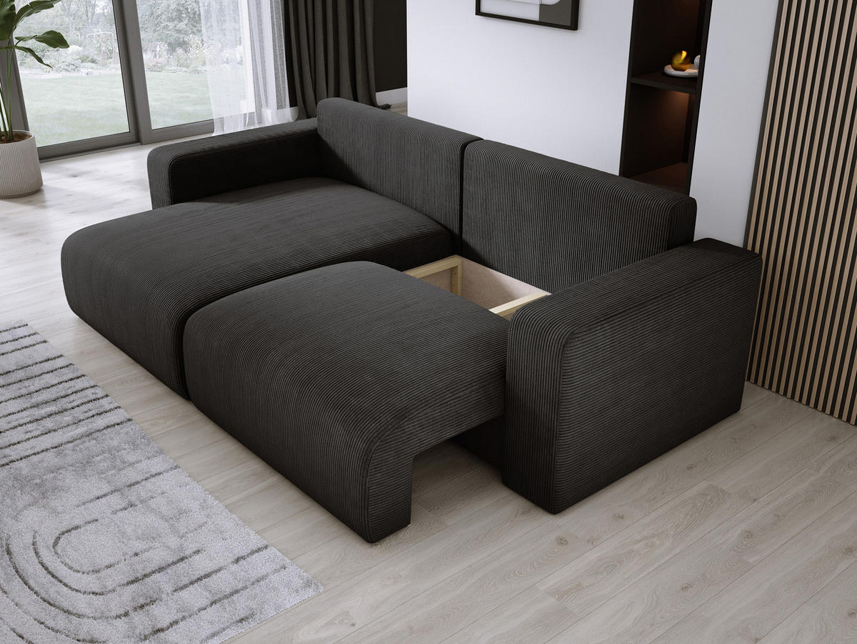 ECKSOFA Carl L-förmig Schlaffunktion und Bettkasten weicher Cordstoff flexibel stellbar lose Rückenkissen freistehend LINKS 143x247x83cm Black - Schwarz, Holz/Textil (143/247cm) - DomoHome