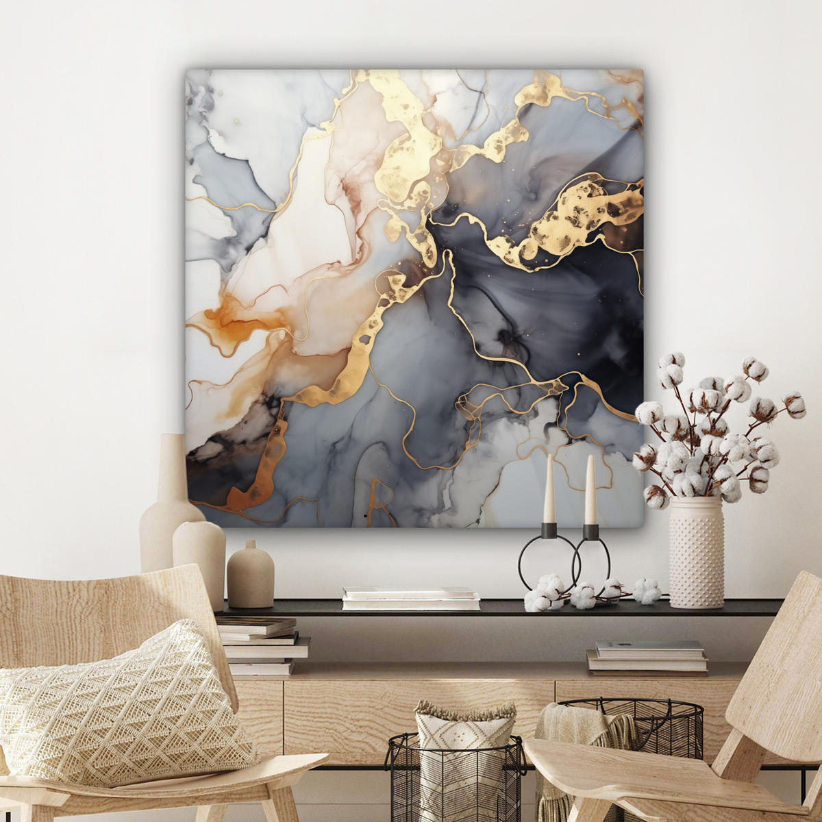 LEINWANDBILD Marmor - Schwarz - Gold - Weiß Deko Groß 90x90 cm - Dunkelgrau, Textil (90/90cm) - MuchoWow