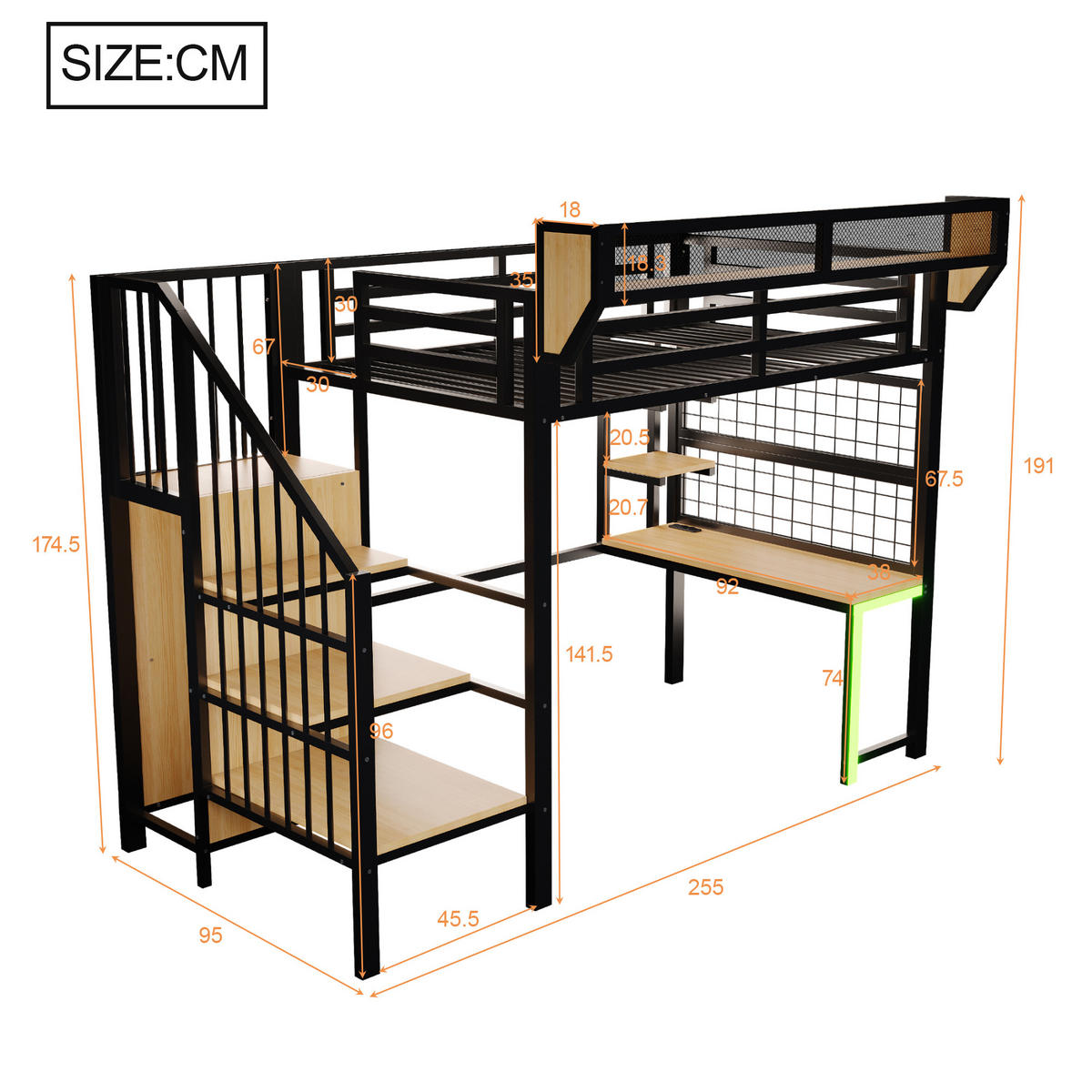 HOCHBETT 90/200 cm DE-01537, in Schwarz, mit Schreibtisch, LED-Beleuchtung und Steckdose - Schwarz, Metall (90/200cm) - ComfortXL