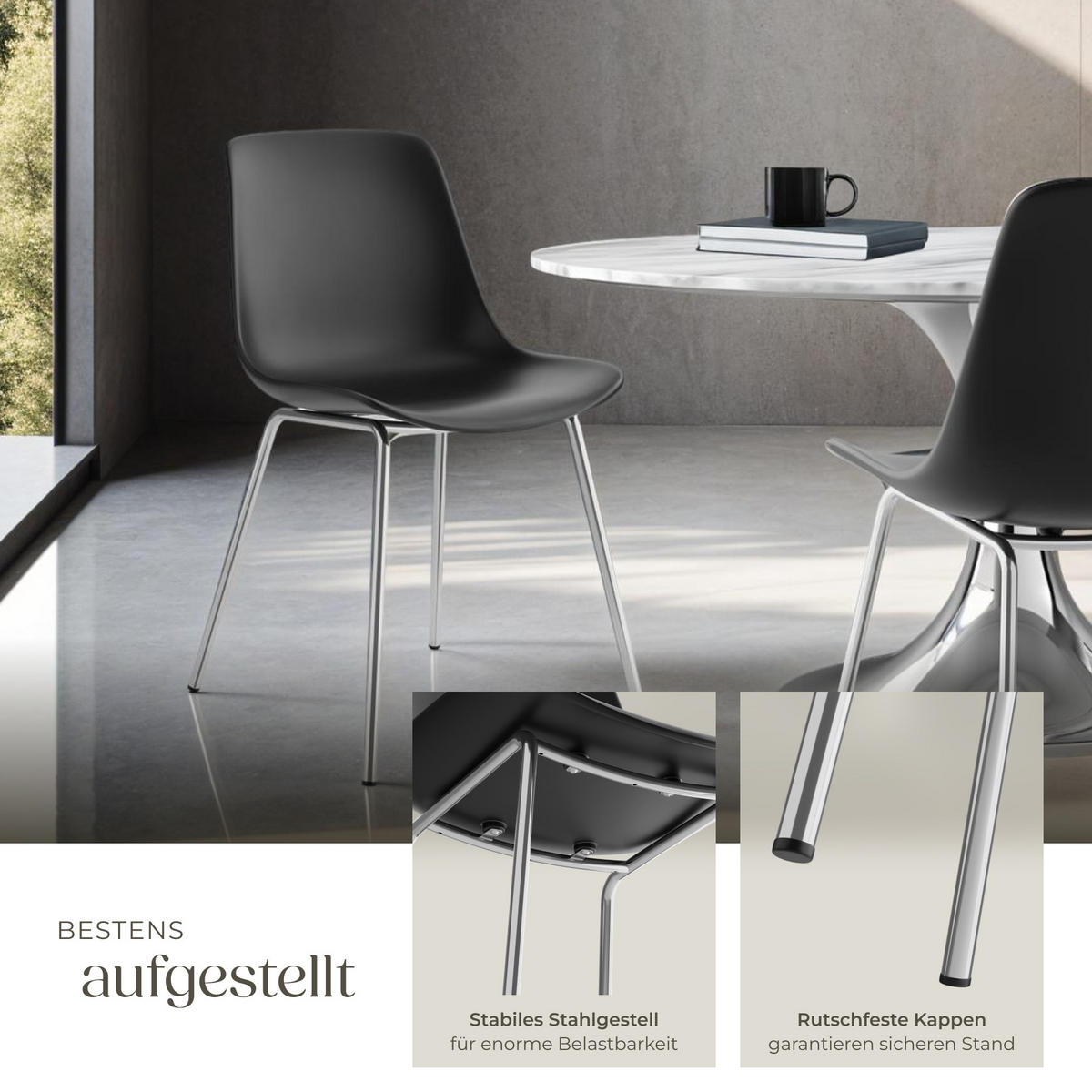 KUNSTSTOFFSTUHL 6er Set Mave 46 x 55 x 80 5 cm schwarz/chrom - Schwarz, Textil (46/80.5/55cm) - tectake