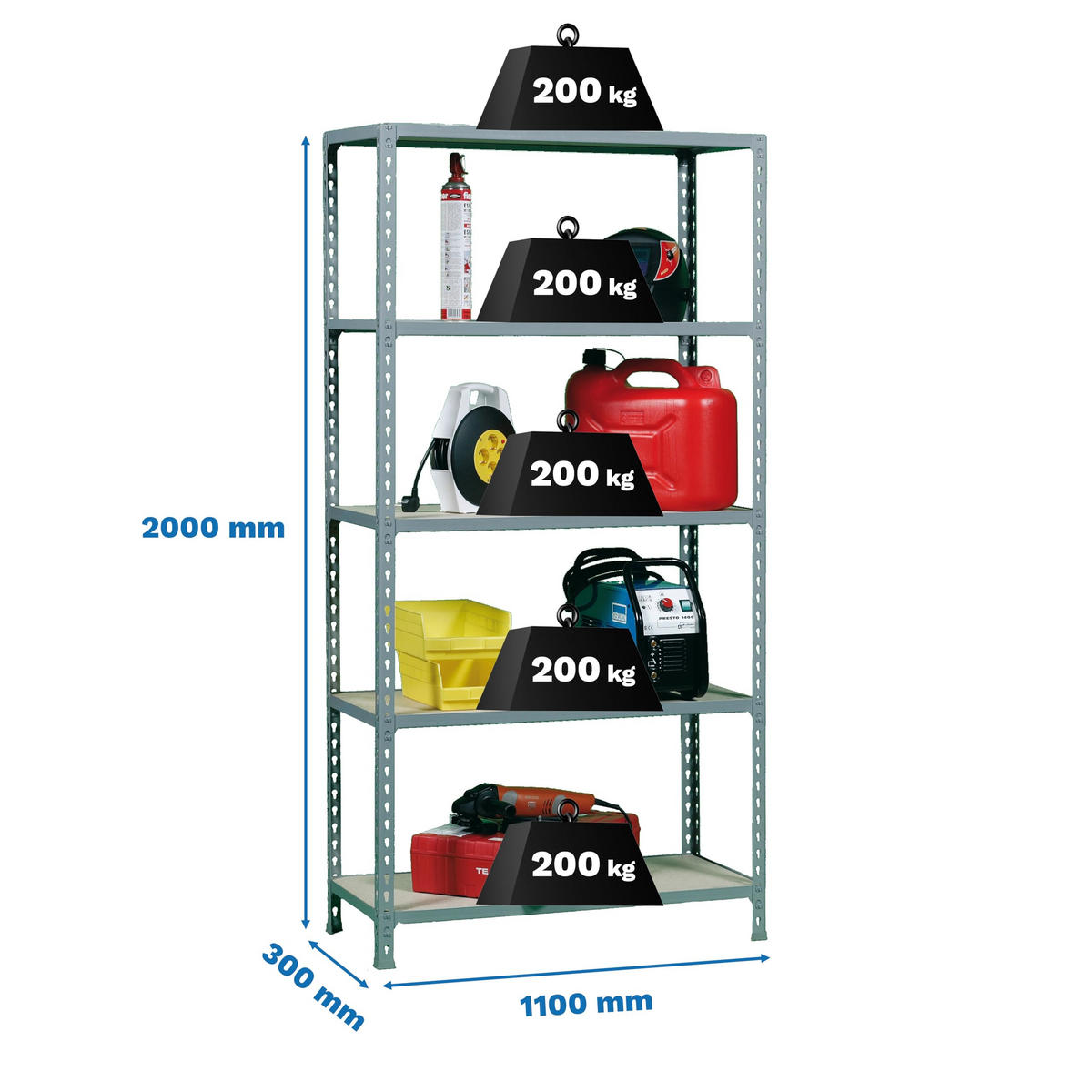 SCHWERLASTREGAL Big Muli HxBxT 200 x 110 x 30 cm 5 Fachböden Fachlast 200 kg Verzinkt - Silberfarben, Metall (110/200/30cm) - PROREGAL