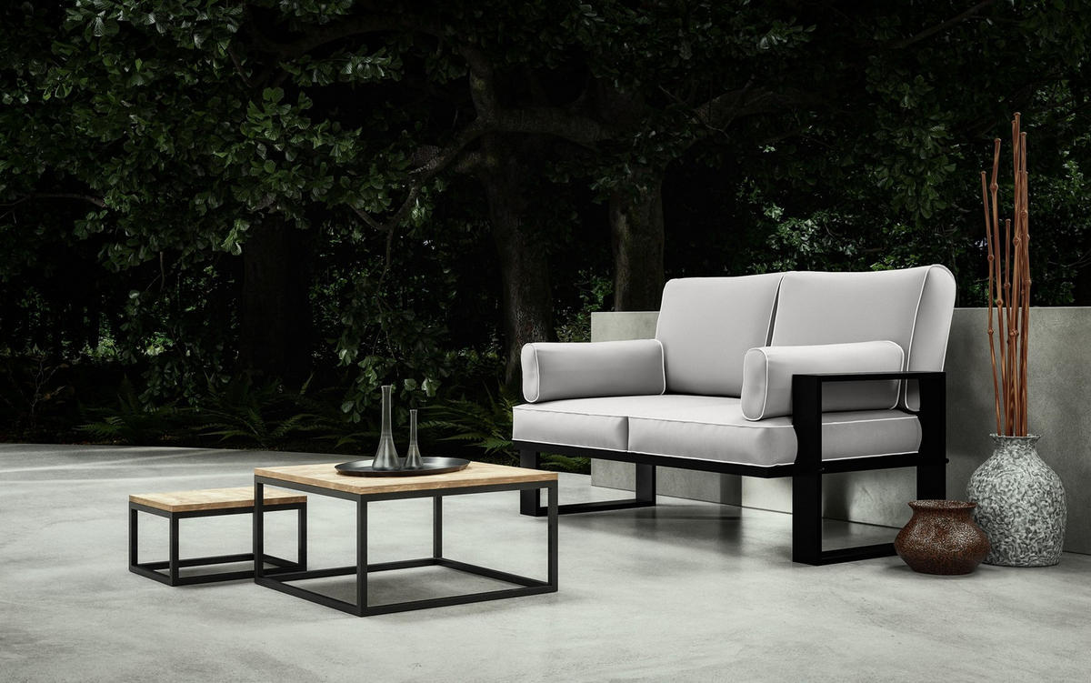 GARTENSOFA Hellgrau, Schwarze Metallbeine, 2-Sitzer - Grau, Holzwerkstoff/Metall (150/90/87cm) - Bettso