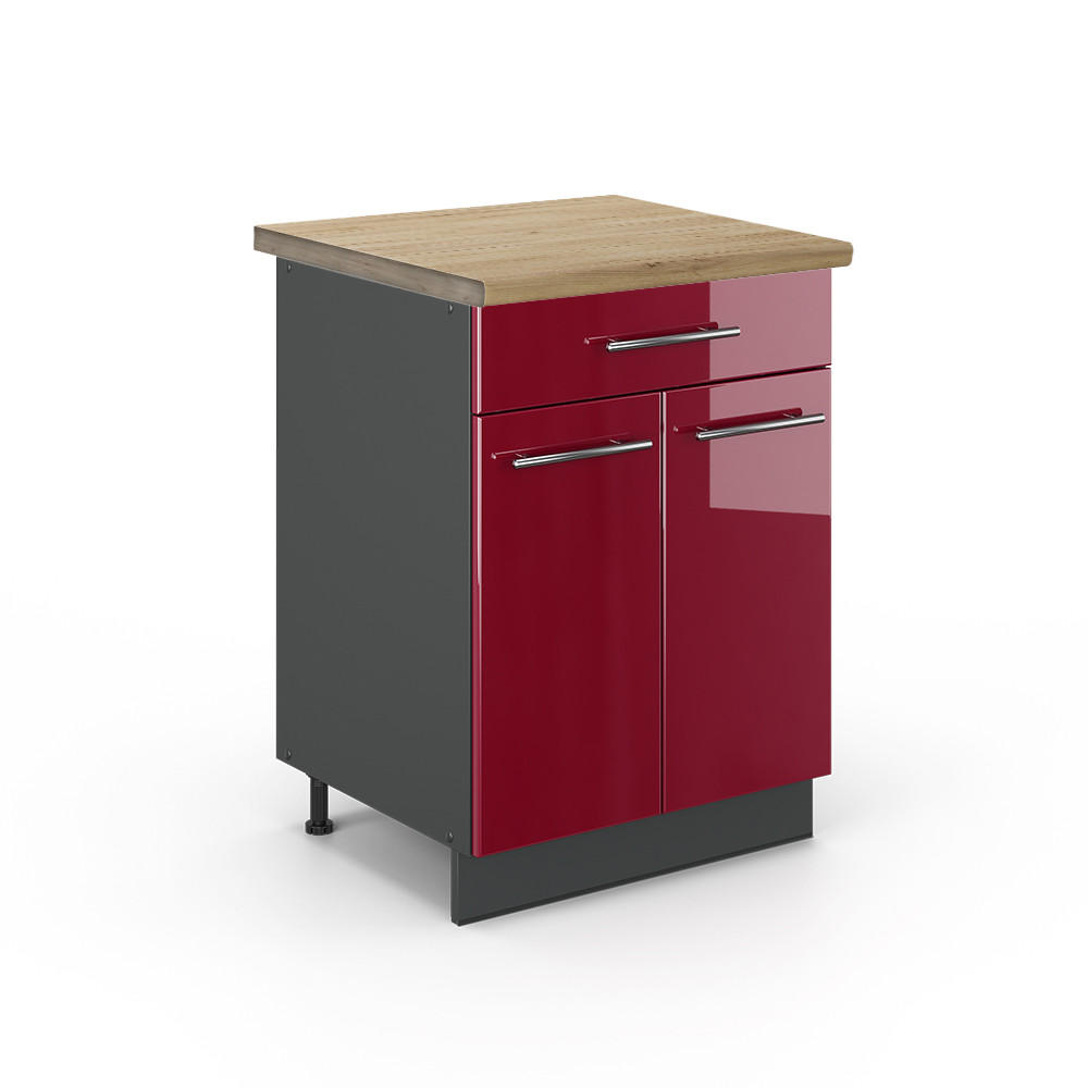 KÜCHENUNTERSCHRANK Fame-Line Bordeaux Hochglanz 60 cm mit Schublade AP Eiche - Bordeaux/Anthrazit, Holzwerkstoff (60/82/60cm) - Vicco