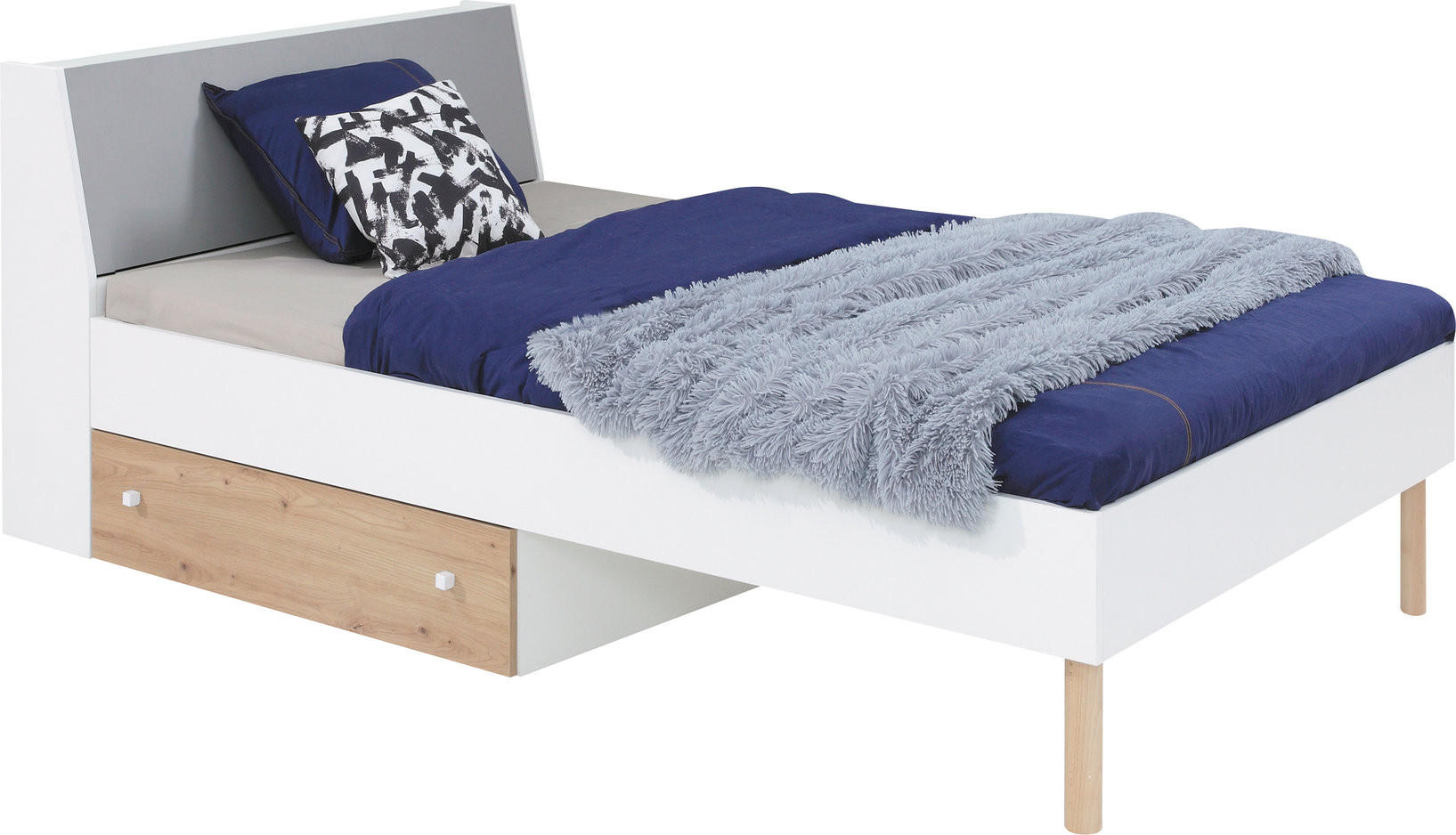 JUGENDBETT Farin in Weiß, Eiche Artisan und Grau 90×200 cm - Weiß, Holzwerkstoff