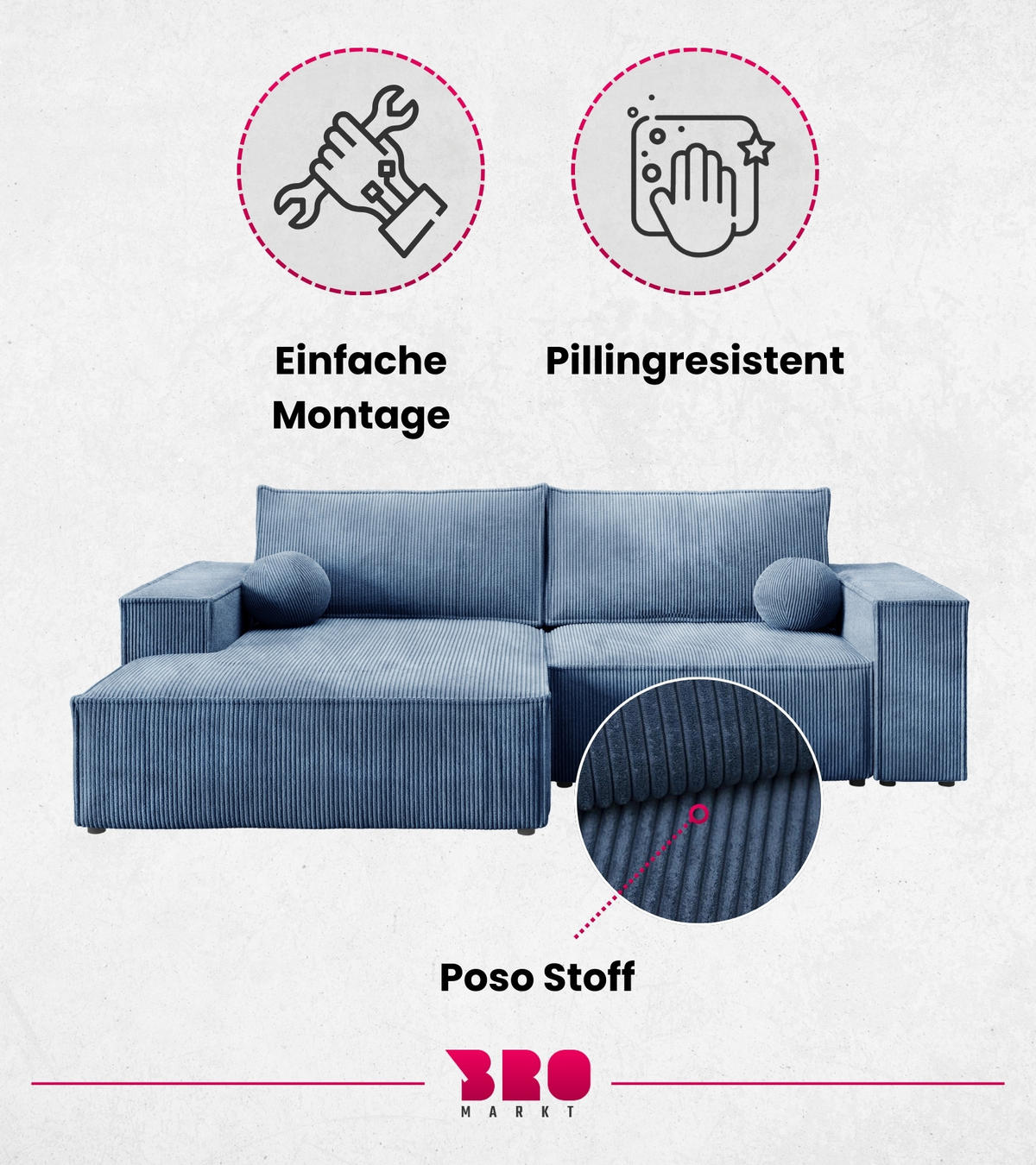 ECKSOFA Pablo Mini mit Schlaffunktion Himmelblau Cord - Blau, Textil (255/148cm) - Bromarkt