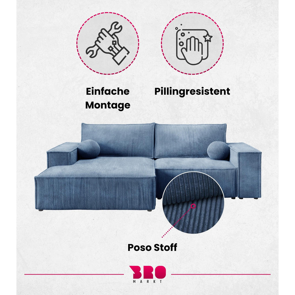 Thumbnail - Bromarkt Ecksofa, Blau, Textil, 3-Sitzer, Ottomane rechts, L-Form, 255x148 cm, Wohnzimmer, Sofas & Couches, Wohnlandscha...
