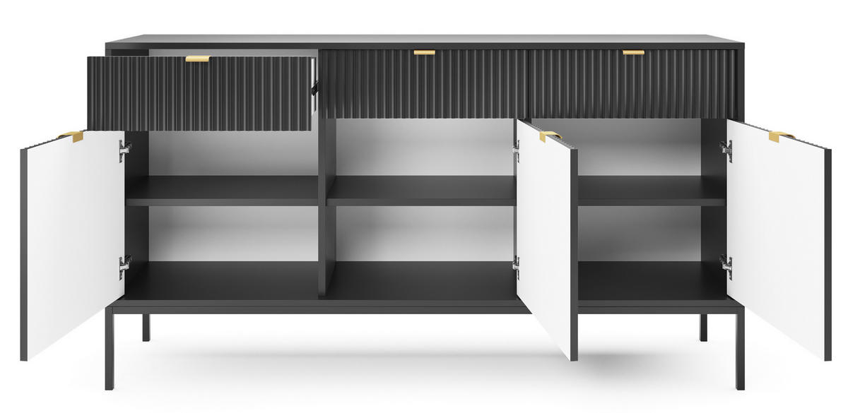 KOMMODE NOVA - KSZ154, Geriffelte Fronten, goldene Griffe 154x39x83 cm Schwarz - Schwarz, Holzwerkstoff/Kunststoff (154/83/39cm) - DomoHome
