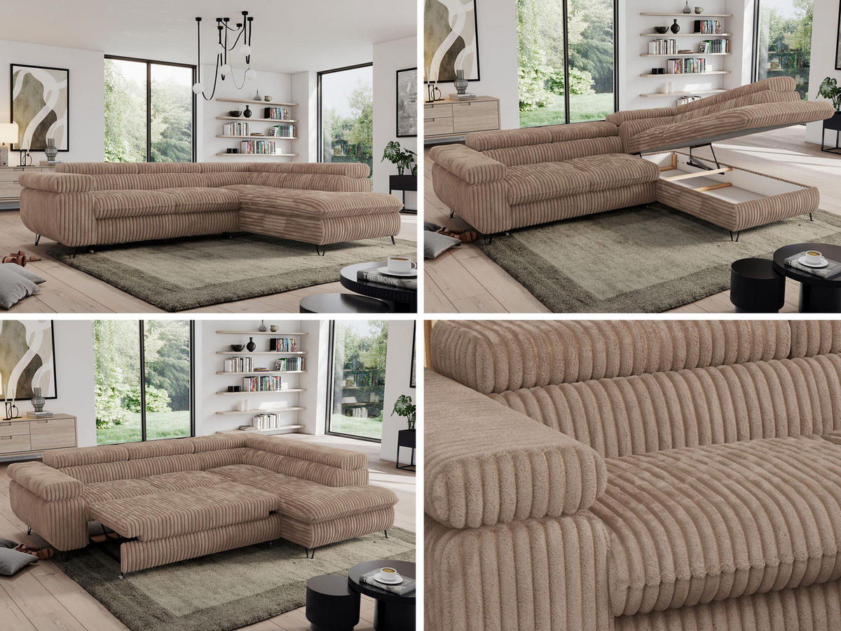 ECKSOFA PEDRO L Braun Cord - Rechts Seite - Schwarz/Braun, Textil/Metall (273/208cm) - MKS