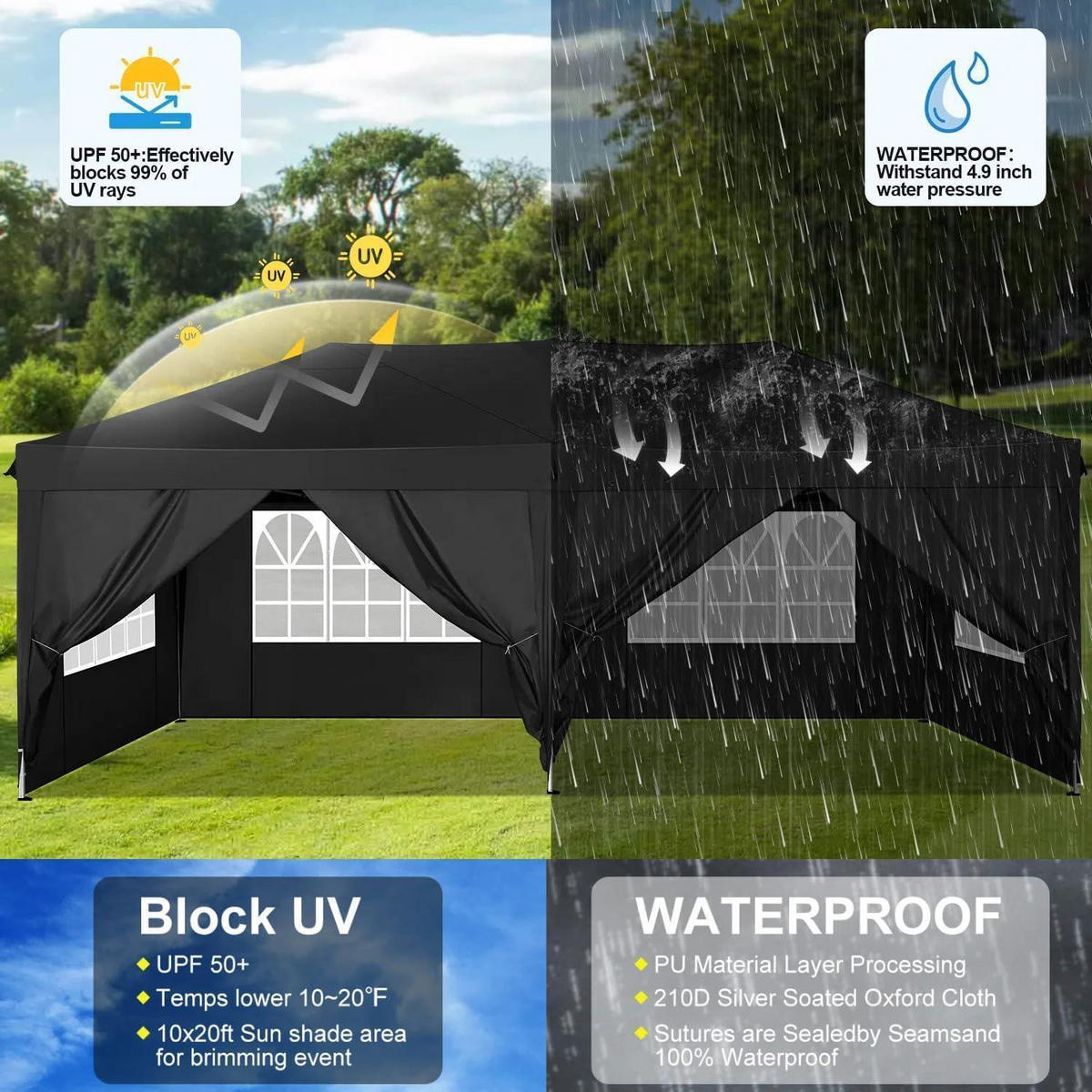FALTPAVILLON 3 x 6 m wasserdicht UV-Schutz mit 6 Seitenwänden Schwarz - Schwarz, Textil (300/275/600cm)