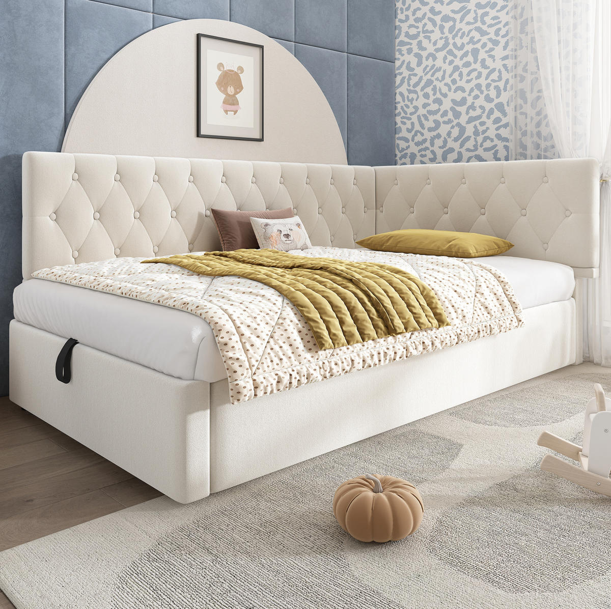 POLSTERBETT 90/200 cm aus Samt mit Bettkasten in Beige - Beige, Textil (90/200cm) - Flora Grace