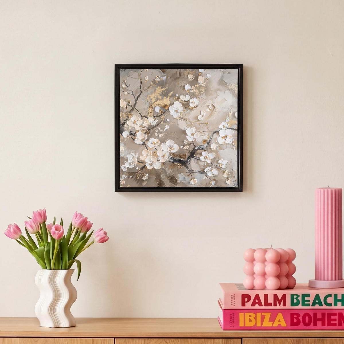 LEINWAND Bilder mit Rahmen - Blumen - Weiß - Gold - Beige - Luxus - 20x20 - Greige, Textil (20/20cm) - MuchoWow