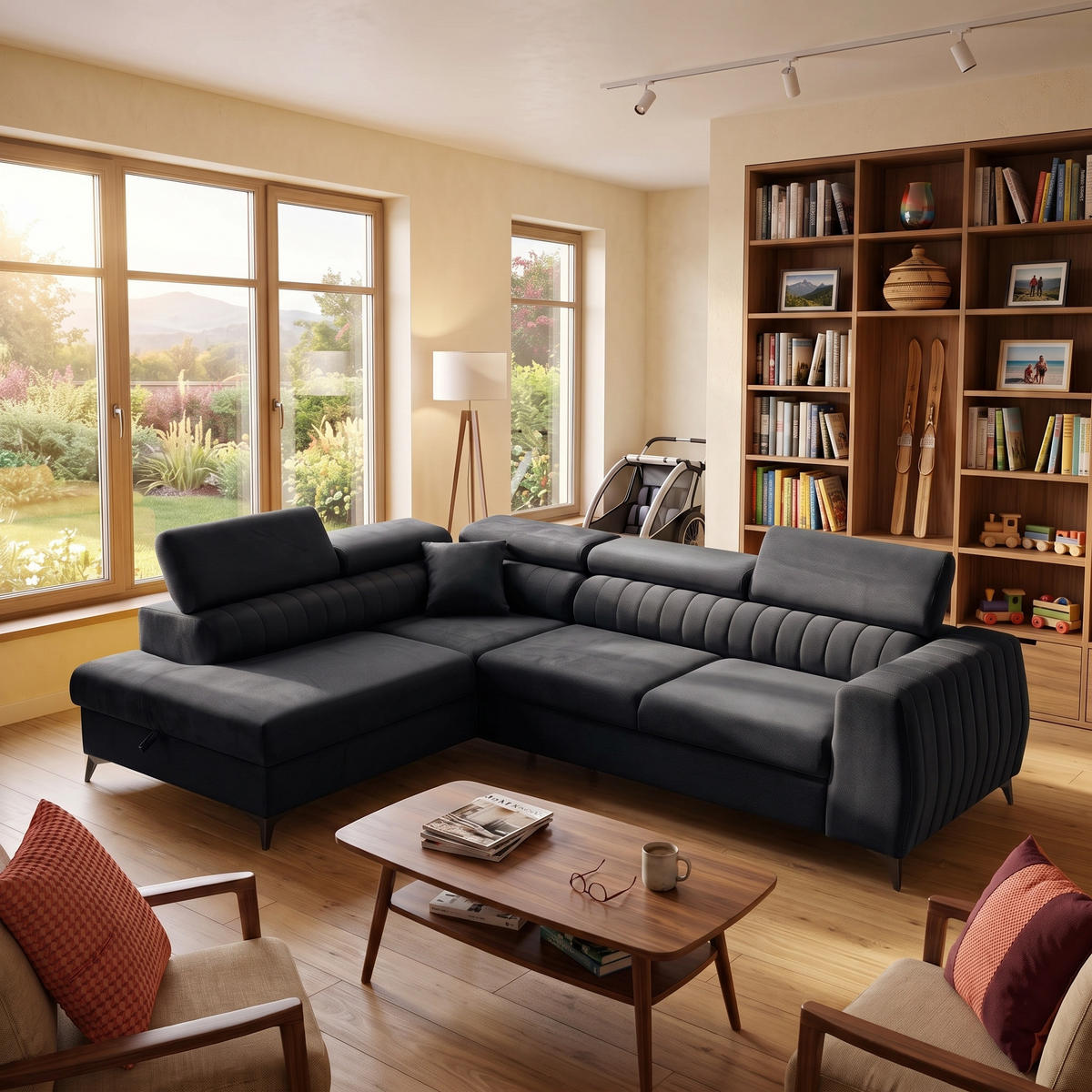 ECKSOFA PIERO L Links mit Schlaffunktion 195x125 Velours Dunkelgrau - Dunkelgrau/Schwarz, Holz/Textil (268/203cm) - Muffo