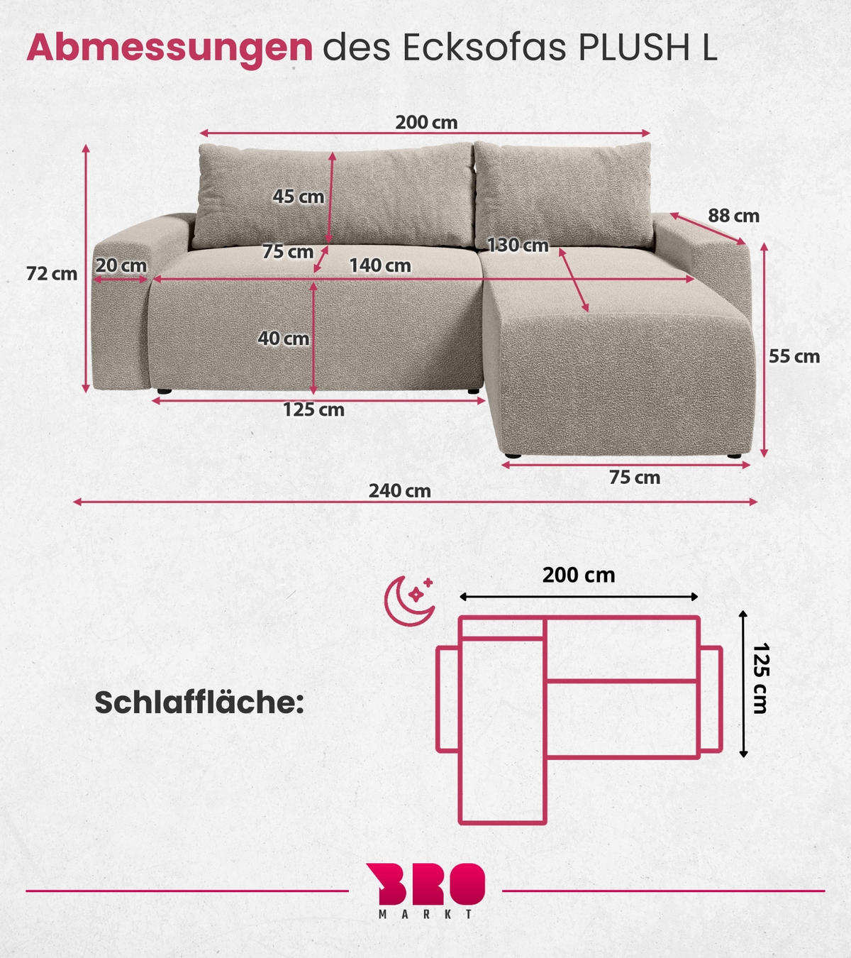 ECKSOFA PLUSH mit Schlaffunktion Ecru Boucle - Ecru, Textil (240/145cm) - Bromarkt