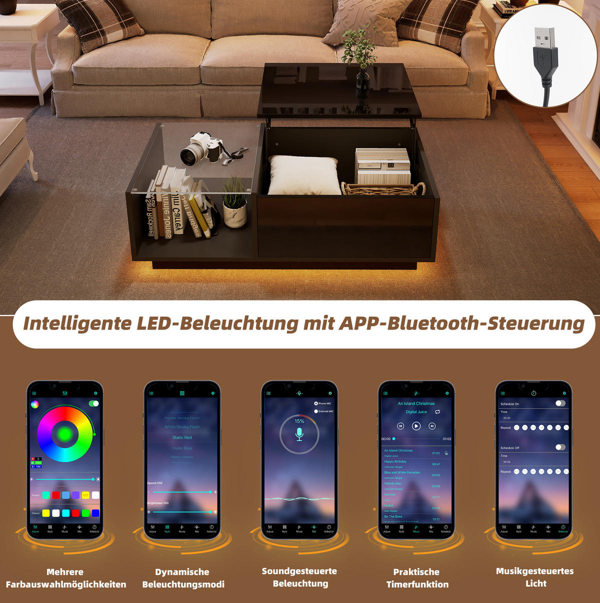 COUCHTISCH aus Spanplatte 100x50x33-46,5 cm in Schwarz mit LED-Beleuchtung - Schwarz, Holzwerkstoff (100/50/46.5cm) - Modfu