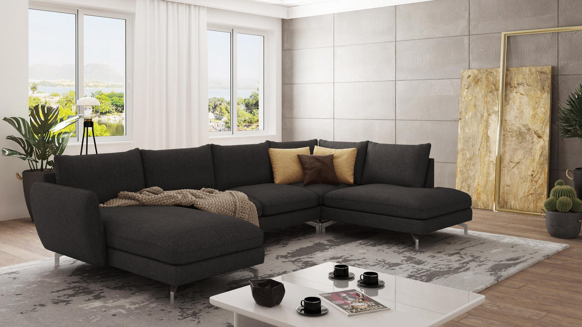 WOHNLANDSCHAFT Elou Graphit Luxusmicrofaser - Chromfarben/Graphitfarben, Textil/Metall (336/87/200cm) - S-Style Möbel