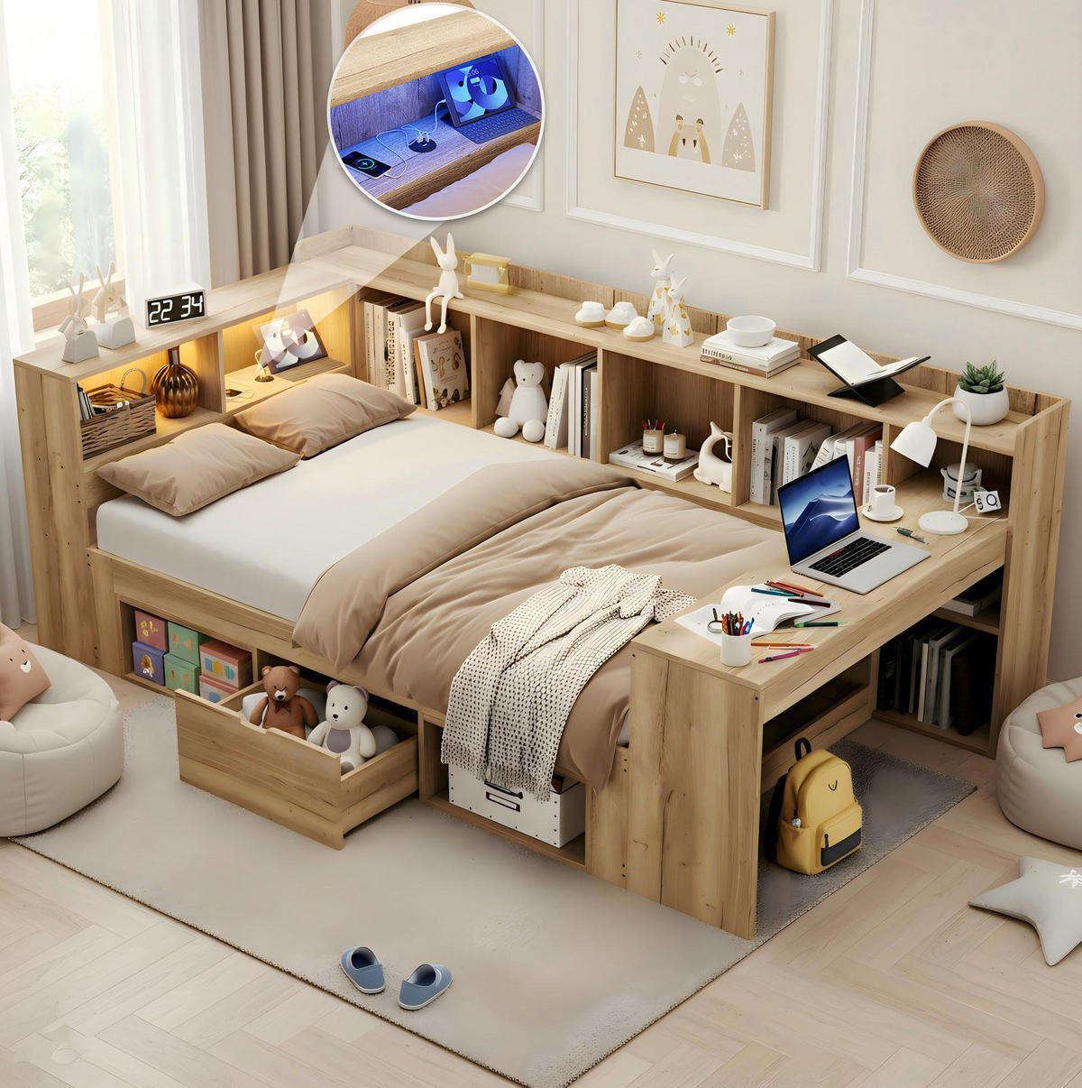 KINDERBETT 90/200 cm natur aus MDF mit LED, USB-C und Schreibtisch - Naturfarben, Holzwerkstoff (90/200cm) - OKWISH