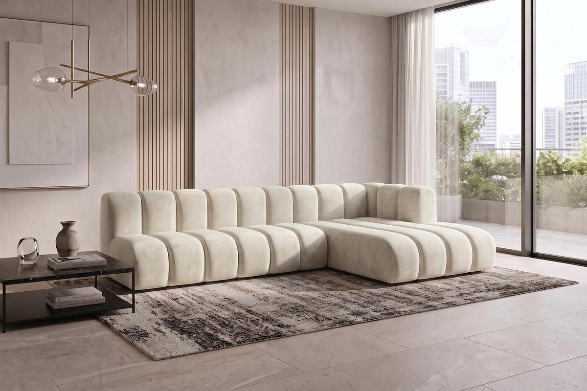 ECKSOFA Modulares In L-Form, Velvet-Stoff Riviera, Ecru, Rechts, GRAND 295 cm - Creme, Holz (295/179cm) - Kaiser Möbel
