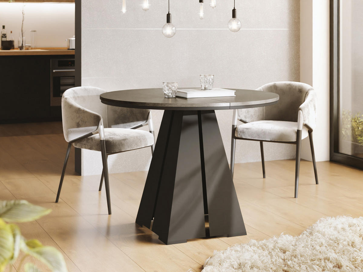 ESSTISCH Kova runder ausziehbarer, Dunkelgrauer Chicago Beton 120-200/120/76 cm - Dunkelgrau/Schwarz, Holzwerkstoff/Metall (120/120/76cm) - WFL GROUP